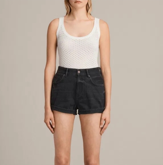 ALL SAINTS Helena High Waist Denim Shorts In Washed Black. Size 28 - Picture 1 of 11